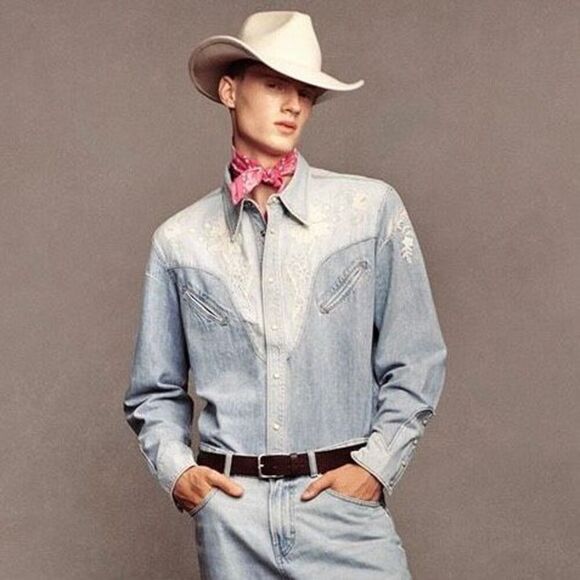 Zara Other - Zara x Barbie Men’s Light Denim Embroidered Western Snap Button Shirt Large NWT